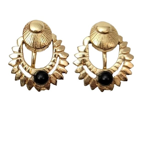 Gold Tone Modernist Spinner Style Black Cab Clip On Earrings